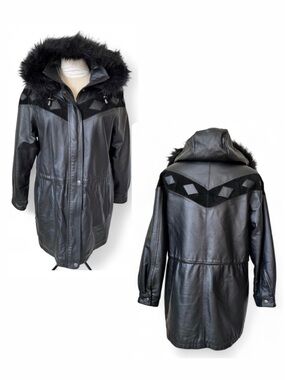 Vintage Jessica Black Leather Suede Diamond Faux Fur Hood Jacket Coat M L